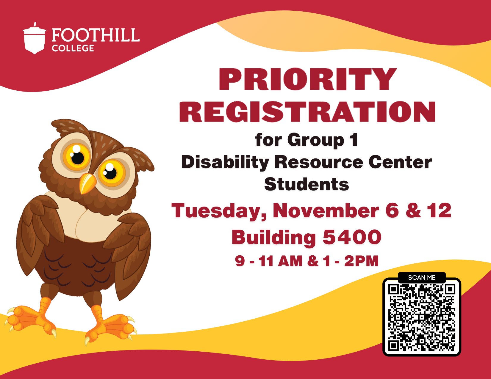 Post card with information about priority registration event. date nov 6th, times 9-2