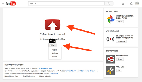 Arrows pointing to select files to upload and to privacy menu