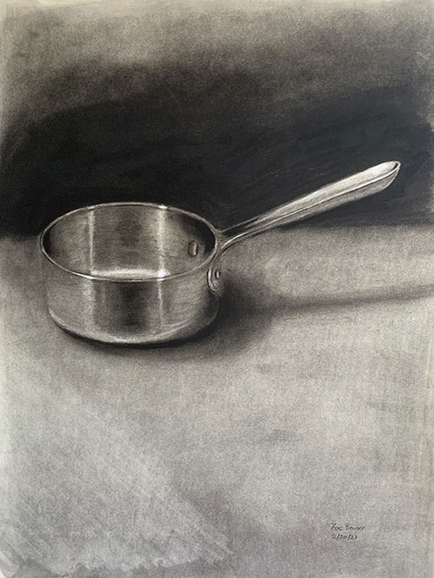 charcoal drawing of sauce pan