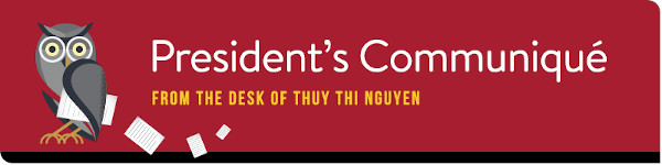 President's Communique from the desk of Thuy Thi Nguyen with owl symbol