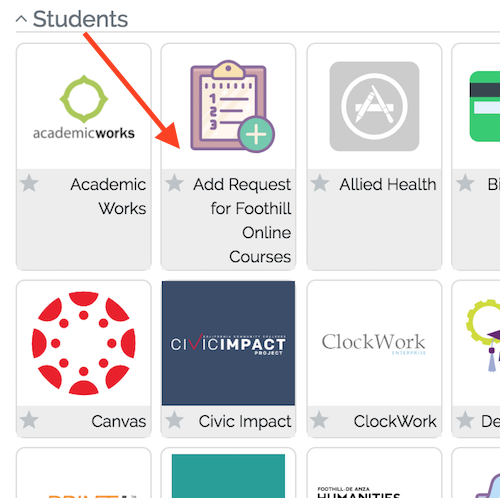Arrow pointing to Add Request for Foothill Online Learning icon